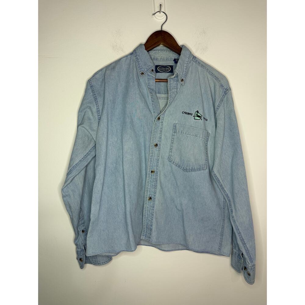 Vtg Caribou Coffee Denim Button Down Size Small oversized fit 100% cotton
